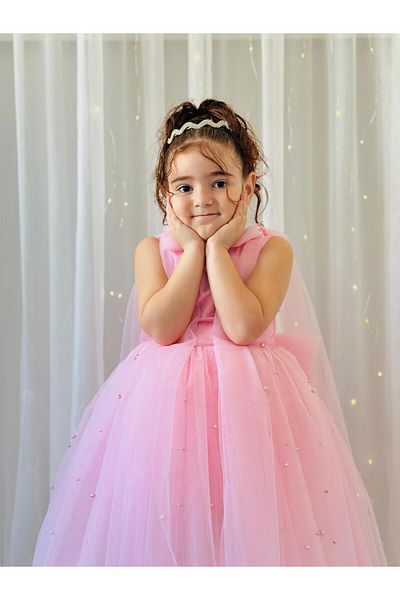 Hly Karol Tasarım Pink Pearls Long Gown Vintage Baby Girl Dress,Birthday Dress,Photo Shoot Dress,1-11 Years Old U