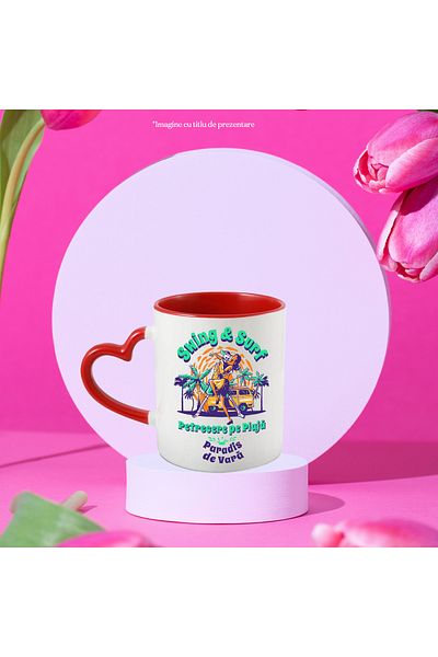 StoryGift Romania Cana Swing Si Surf, Petrecere Pe Plaja Cuplu , 330ml, Ceramica Cu Maner Inima Ro, Cu ,stg