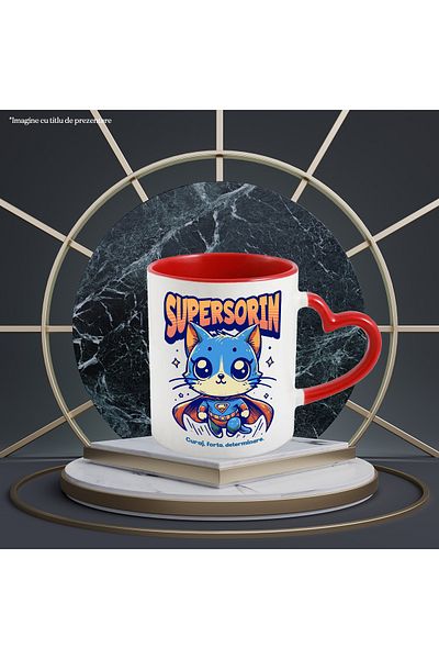 StoryGift Romania Super Sorin Mug, Superhero, Flying Cat, 330ml, Ceramic with Red Heart Handle, With,STG.