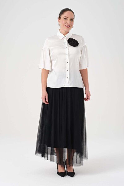 Gemko Satin Flower Detailed Shirt Tulle Skirt Set - White