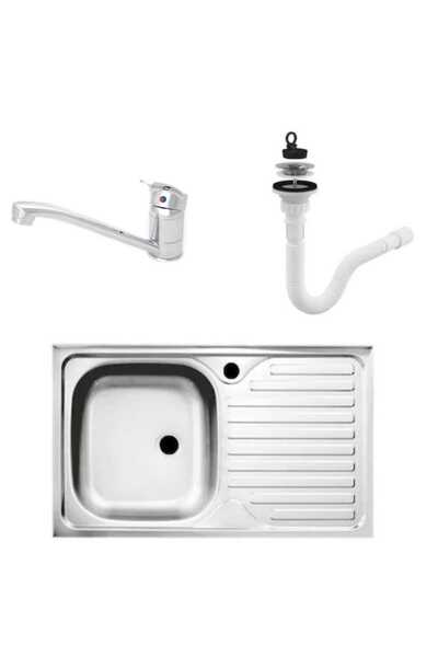 Zilan Sink set with left basin cover 80x50 cm, long-stem kitchen faucet and drain trap