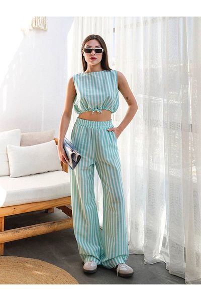 ALLEYTA Women's Binding Detailed Blouse Pants Linen Set Mstk