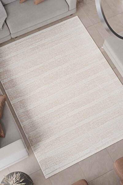 Oriente Home Abstract Line Patterned Washable Non-Slip Base Chenille Carpet Beige White Kitchen Runner 8367