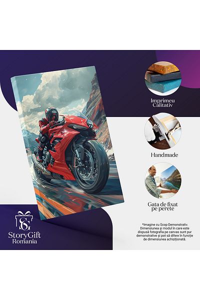 StoryGift Romania Tablou Canvas Viteza Pe Două Roți Motociclistul Cu Bolid Roșu Merge Prin Văile Munților , Pictu