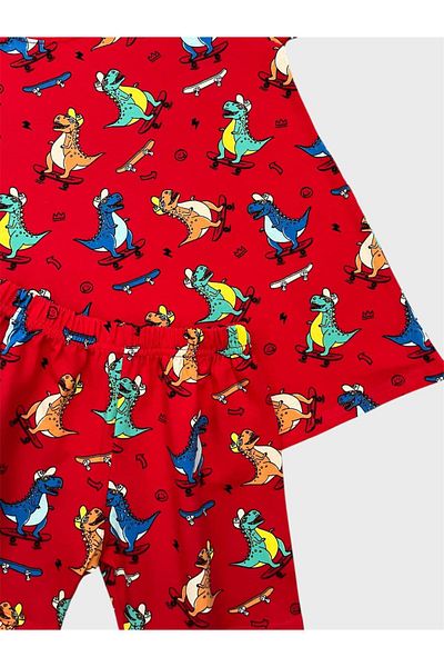 tusem butik homewear Boy's 100% Cotton Red Dinosaur Patterned Short Sleeve Shorts Summer Pajama Set