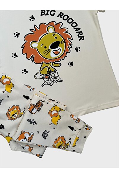 tusem butik homewear Σετ καλοκαιρινές πιτζάμες για αγόρια 100% βαμβακερή κρέμα Safari Lion με μοτίβο με έξι μακριές