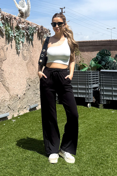 ModaPlaza Women's Wide Leg Sweatpants with Snap Fasteners 3037