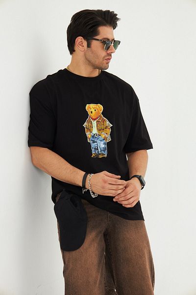 The Champ Clothing Ανδρικό μπλουζάκι με μοτίβο αρκουδάκι με χαλαρή εφαρμογή, βαμβακερό λαιμόκοψη με στάμπα