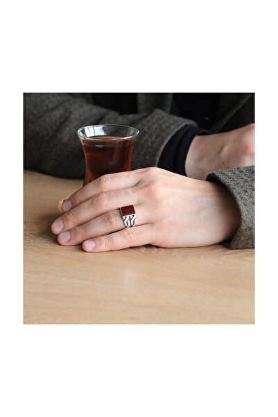 Tesbihane Zincir Tasarım Kırmızı Akik Taşlı 925 Ayar Gümüş Erkek Yüzük 102000576