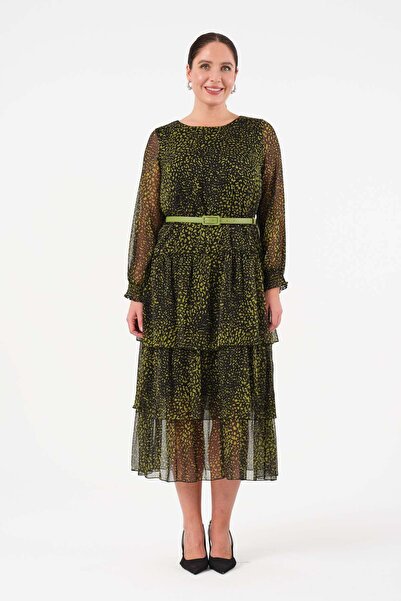 Gemko Layered Mixed Polka Dot Belted Long Dress - Oil Green