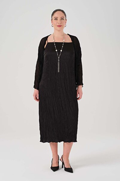 Gemko Strappy Satin Dress Bolero Set - Black