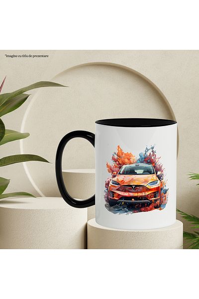 StoryGift Romania Mug With Tesla, Car, Paint, Water, Brand, Multicolor 330 ml, Ceramic with Handle, With,STG.