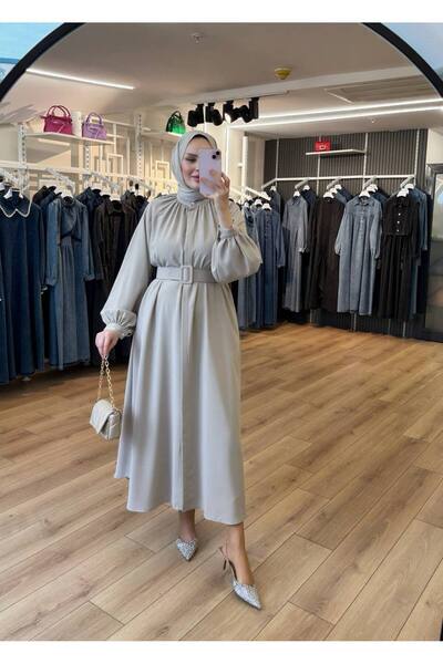 OlaLady Women's Neck and Arms Gathered Belted Pearl Buttoned Hijab Cap Top Coat