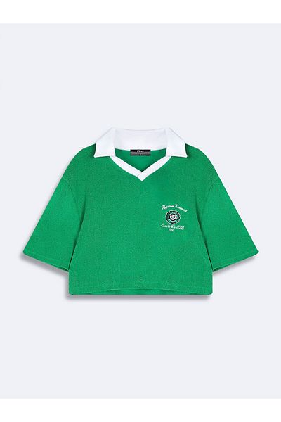 Ltb Green Towel Fabric Polo Collar Women's T-Shirt