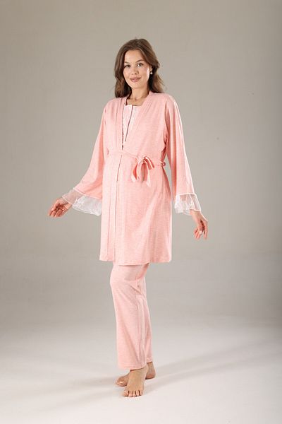 LOHOUSE Women's Pink Melange Lace Design Cotton Maternity Maternity Dress 3-Piece Maternity Pajama Set