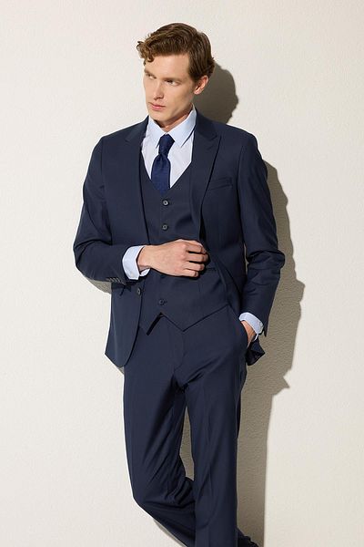 Tudors Ανδρική φόρμα Slim Fit Navy Blue εύκαμπτη Lycra υφασμάτινη φόρμα με κορυφές πέτο