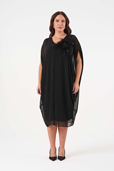 Gemko Feather Flower Detailed Siphon Dress - Black
