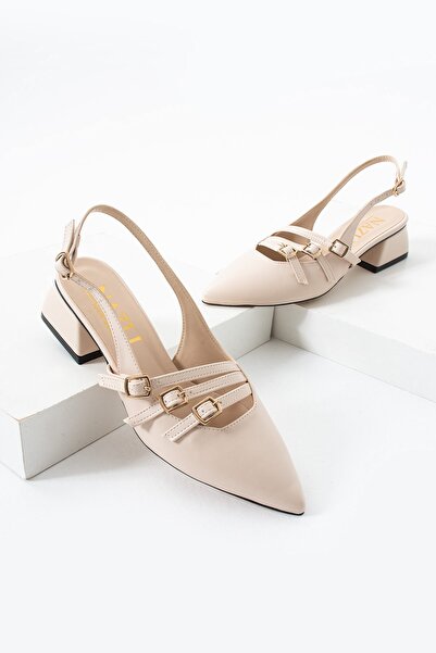 AlbiShoes Kadın Kare Topuk 4 Cm Toka Detaylı Arkası Açık Sivri Burun İş Ofis Günlük Kadın Ayakkabı