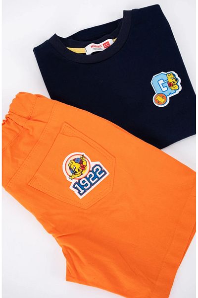 Haribo Boy's Navy Blue/Orange Combed Cotton Top Gabardine Bottom Suit