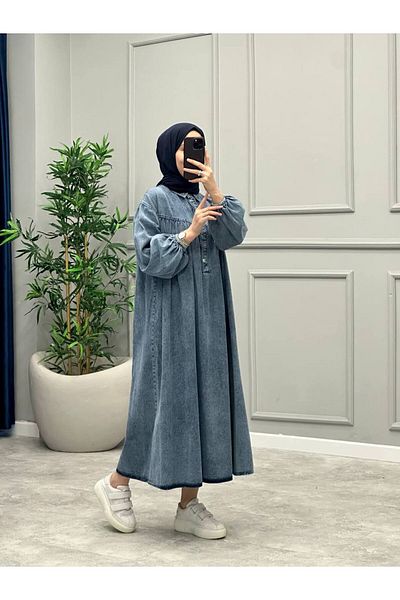 OlaLady Rochie de blugi hidžáb din denim cu mâneci cu balon adunate Robadan pentru femei