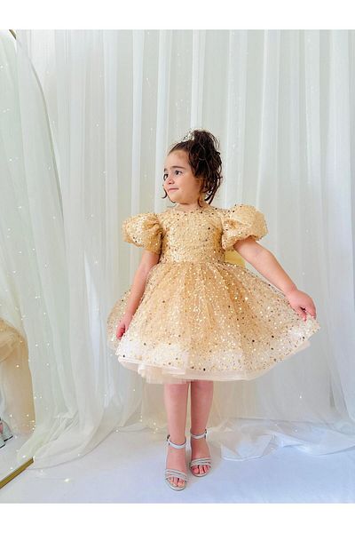 Hly Karol Tasarım Gold Yellow Stone Vintage Baby Girl Dress, Birthday Dress, Photo Shoot Dress, Suitable for 1-11 Years Old