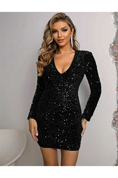 MODAS Uzun Kol V Yaka Kadife pul Payetli mini elbisesi