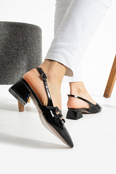 AlbiShoes Kare Topuk 4 Cm Rugan Toka Detaylı Arkası Açık Sivri Burun İş Ofis Günlük Kadın Ayakkabı
