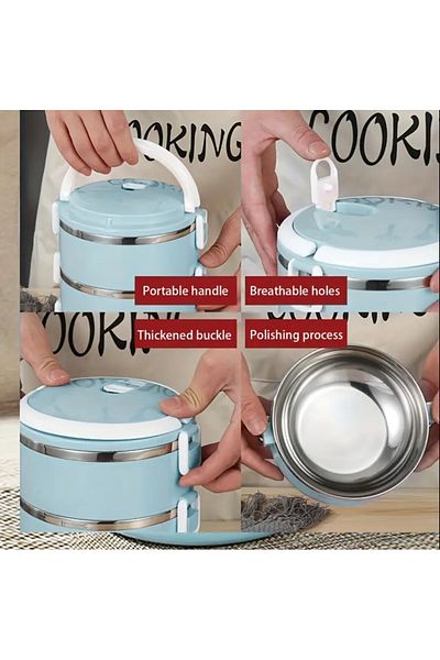 esdekor Blue 1Pc Double Layer Stainless Steel Insulated Lunch Box