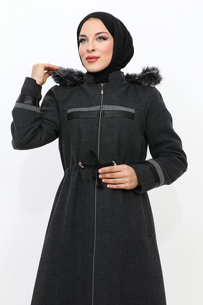 Tesettür Dünyası Detailní kožený kabát na zip po celé délce TSD231116 antracit
