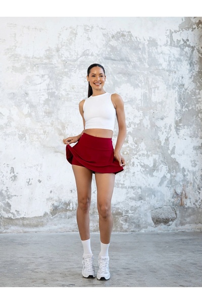 TÜKATO Burgundy Color 2 Layer High Waist Tennis Skirt Sports Shorts Skirt Tennis Skirt