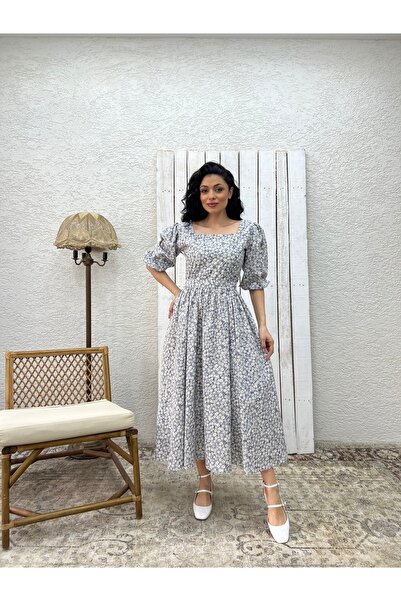 KÜÇÜĞÜM BUTİK Gray Daisy Square Neck Flared Dress