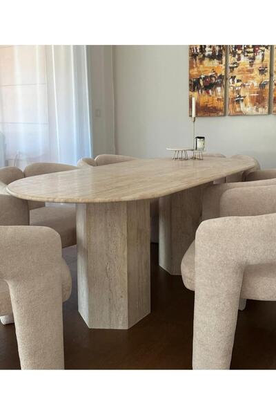 Sümeyra Marble Art Traverten Altıgen İki Ayak Yemek Masası - Doğal Traverten
