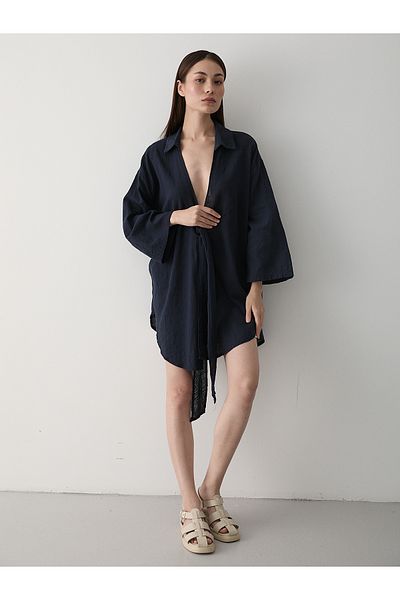 Laluvia Marineblaues Flam-Leinen-Kimono-Hemd