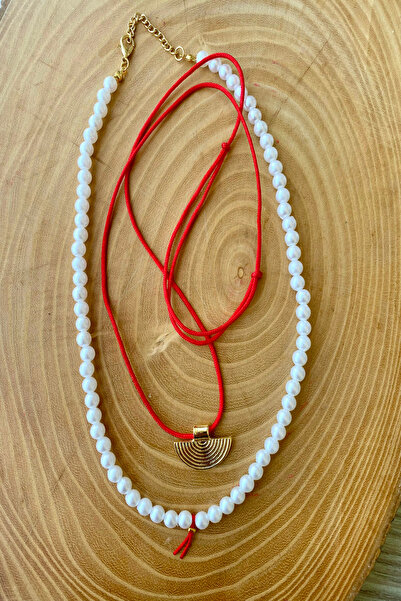 Shepidi 2-Piece Pearl Gold Figured Red Rope Necklace