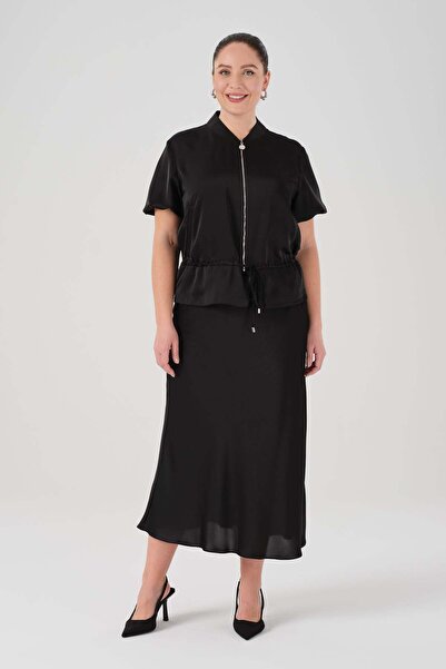 Gemko Zippered Short Sleeve Jacket Skirt Suit with Tie at the Waist - Black