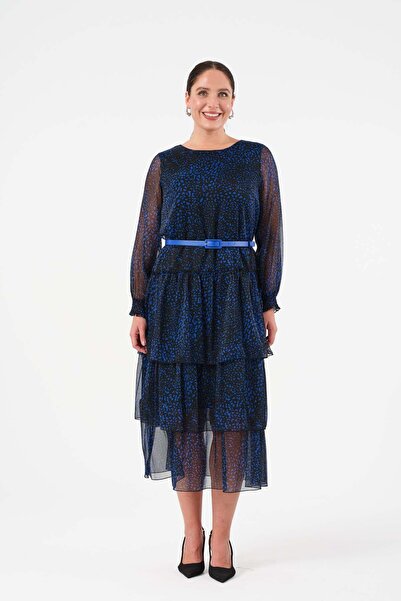 Gemko Layered Mixed Polka Dot Belted Long Dress - Sax