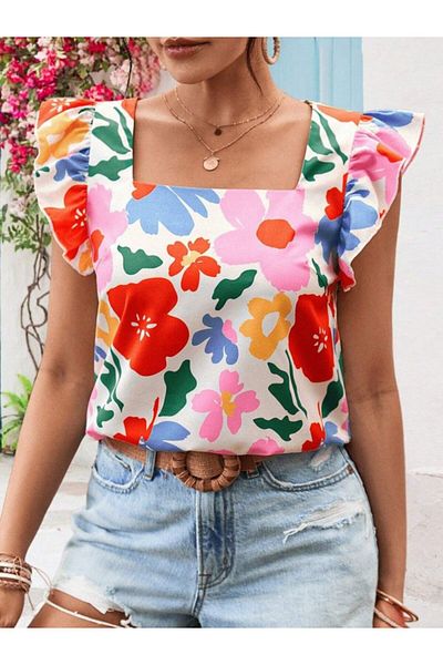 modaserdem Women Short Ruffle Sleeve Square Neck Floral Patterned Imported Linen Blouse