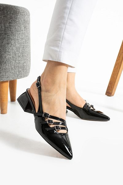 AlbiShoes Square Heel 4 cm Patent Leather Buckle Detailed Open Back Pointed Toe Business Office Daily Women's Shoes