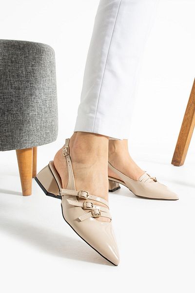AlbiShoes Square Heel 4 cm Patent Leather Buckle Detailed Open Back Pointed Toe Business Office Daily Women's Shoes