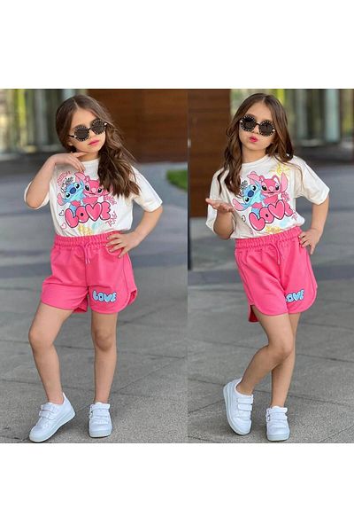 RAPAPA Girls Stitch Printed Love T-Shirt and Shorts Set - Blue & White 7207P