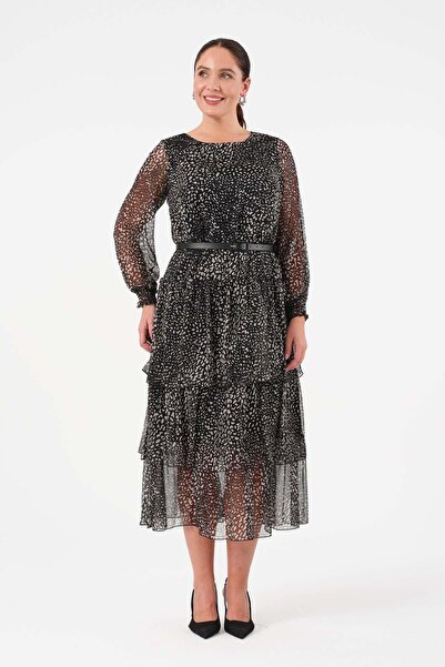 Gemko Layered Mixed Polka Dot Belted Long Dress - Black and White