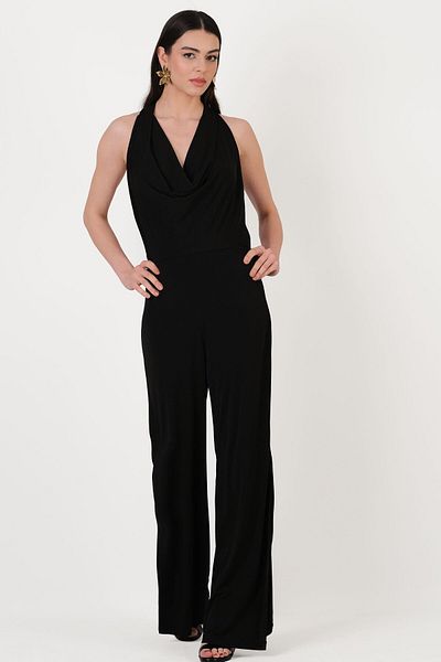Spazio Falcon Degaje Collar Halter Neck Evening Dress Jumpsuit Black