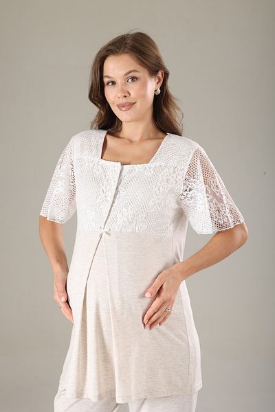 LOHOUSE Women's Beige Melange Lace Design Cotton Maternity Pregnant Dress 3-Piece Maternity Pajama Set