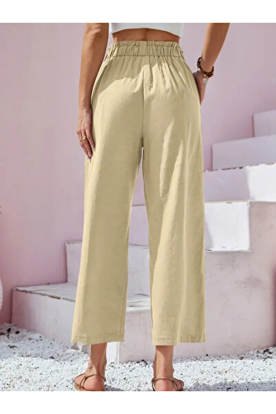 buğrahayalin Women's Waist Drawstring and Button Detail Capri Linen Trousers