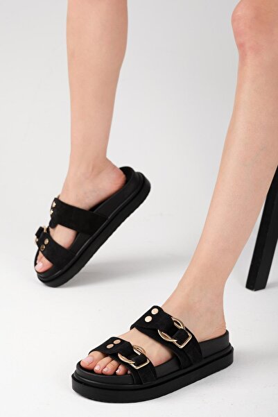 Mio Gusto Papuci de damă Gretel din piele intoarsa autentica culoare neagra cu catarama dubla