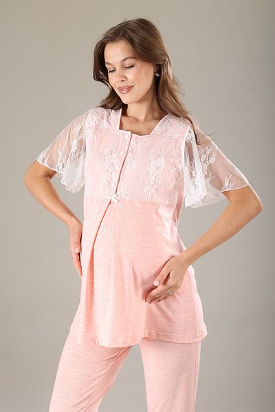 LOHOUSE Women's Pink Melange Lace Design Cotton Maternity Maternity Dress 3-Piece Maternity Pajama Set