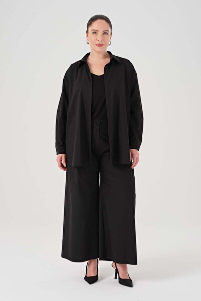 Gemko Back Lace Detailed Shirt Blouse Trousers 3 Piece Set - Black