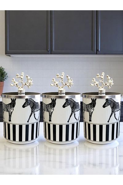 ferayhome Spice Cylinder Set of 3 Coffee Corner Zebra Horse Patterned 750 ml Coral Silver - Feray Home