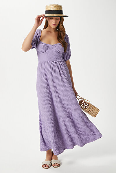 Ritnice Women's Isabella Back Detailed Seersucker Texture Lilac Lycra Dress 12238