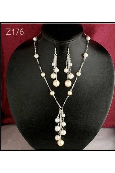 MODAMAYS Silver Color Pearl Chain Women Jewelry Set Necklace Earrings B2575M